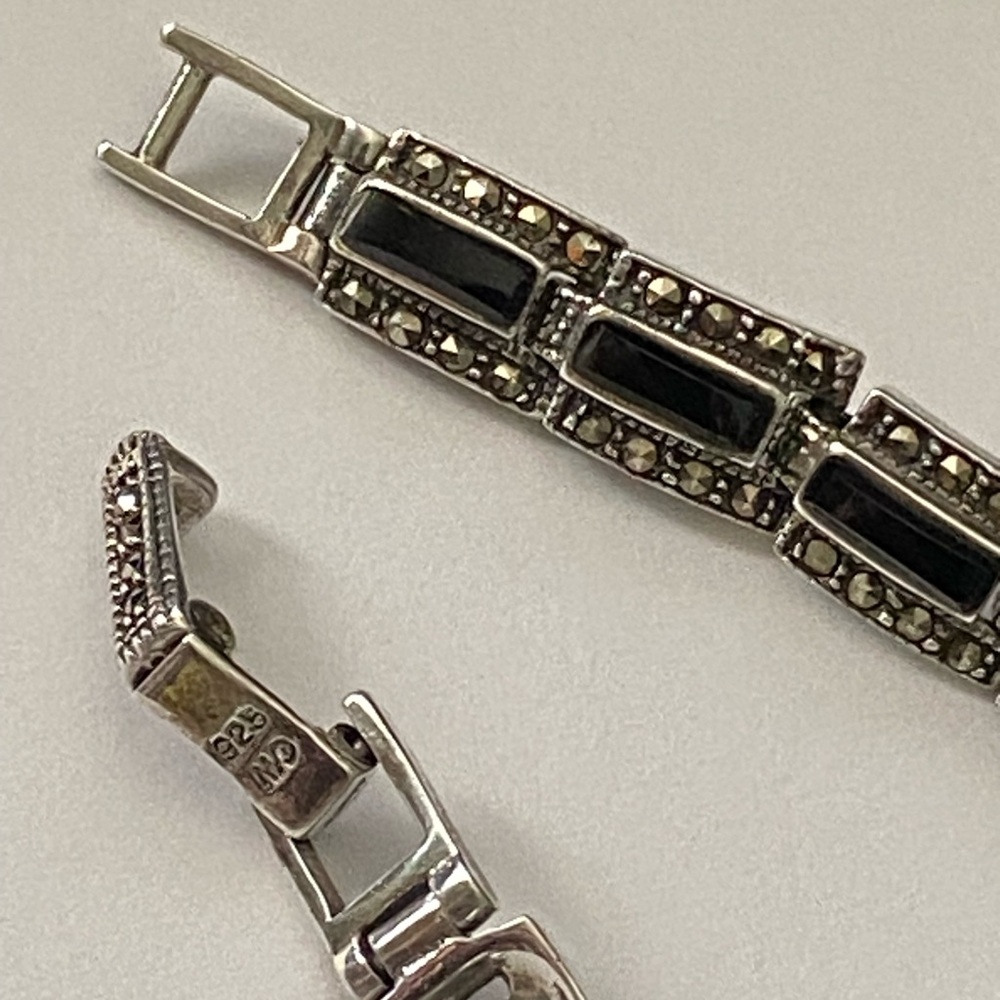 Vintage 925 Sterling Silver Marcasite and Onyx Link Bracelet Marsala - Picture 3 of 5